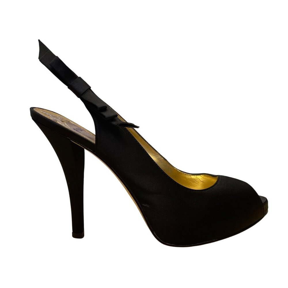 Hale Bob Womens Black Satin Bow Detail Slingback Peep-Toe Heels Size 8.5M
